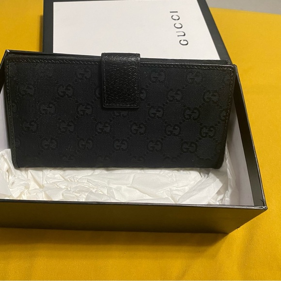 GUCCI Logo Metal Bar Plate Canvas Leather Wallet Monogram Black Envelope - Picture 2 of 9